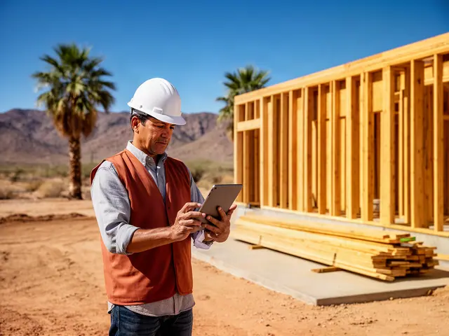 A man in a white hard hat and an orange vest reviewing plans on a tablet at a sunny construction site with timber wall framing and palm trees.