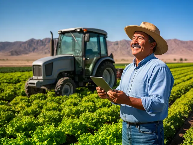 A grower in a straw hat holding a tablet in a lettuce field, with a grey tractor behind him and desert mountains in the distance.