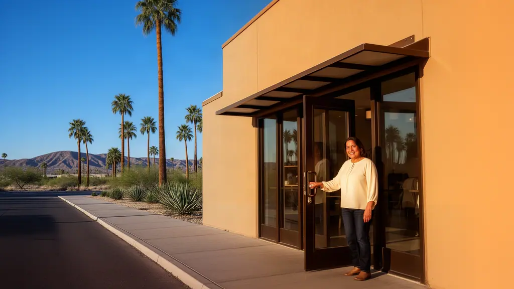 A smiling woman opening the glass door of a sand-colored stucco storefront on a sunny street lined with palm trees, with desert hills in the distance.