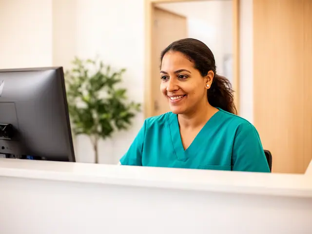 A smiling woman in teal scrubs working at a computer behind the front desk of a bright medical clinic.