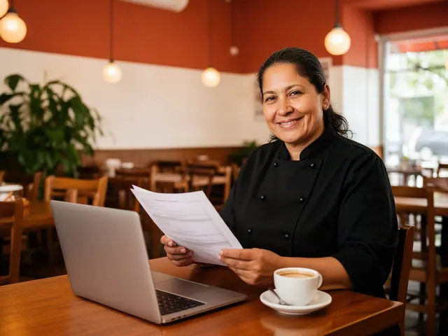 A restaurant owner in a black chef's jacket sitting at a dining table with papers, an open laptop and a cup of coffee in an empty dining room.