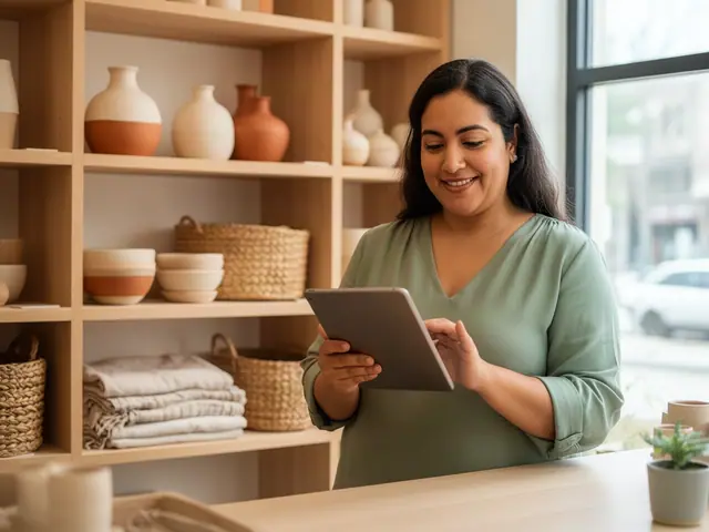 A shop owner in a green blouse using a tablet behind the counter of a home-goods store with shelves of ceramics, baskets and linens.